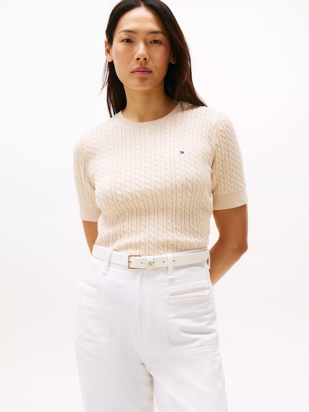 Tommy Hilfiger Creme Cable Knit Short Sleeve Top Size L